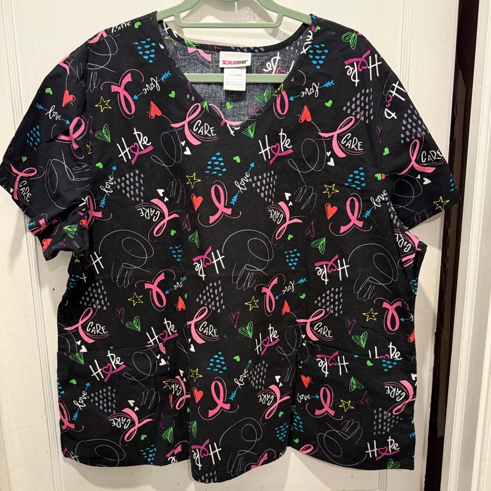 Scrubstar Women's Pink Ribbon / Cancer Awareness Black Printed Top